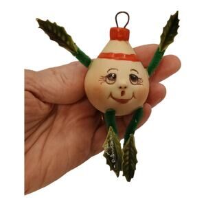 Vintage Anthropomorphic Smiling Noggins Turnip Christmas Ornament Ceramic Signed